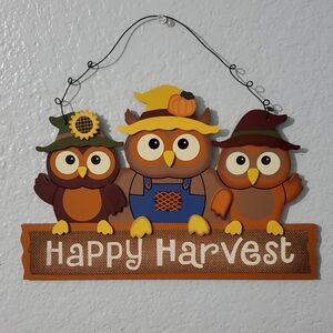Fall three owls "Happy Harvest" wooden wall decoration New.